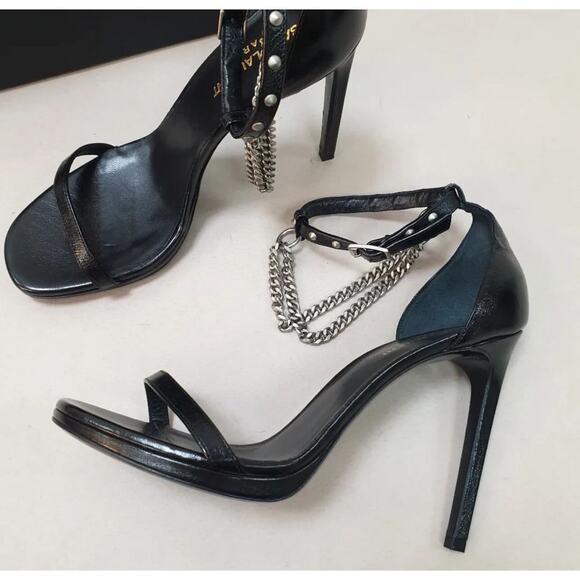 NWOB Saint Laurent Black Leather Heeled Sandals Sz.38.5 - Picture 4 of 8
